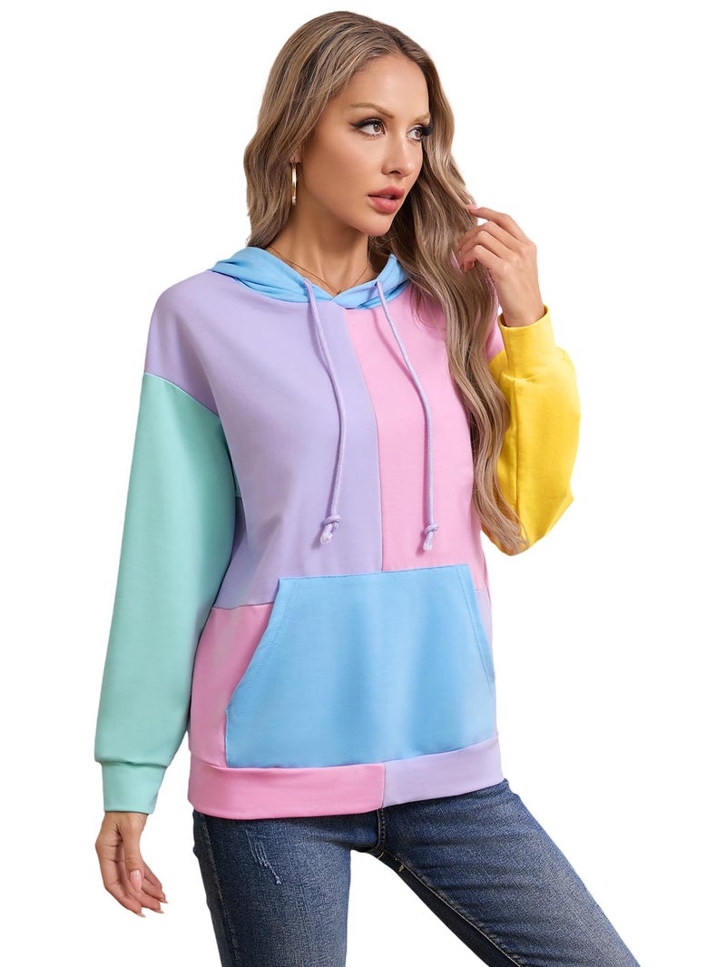 SweatyRocks Women's Cute Color Block Drawstring Hoodies Long Sleeve Pullover Hooded Sweatshirts Top Purple Pink X-Large - Image 1